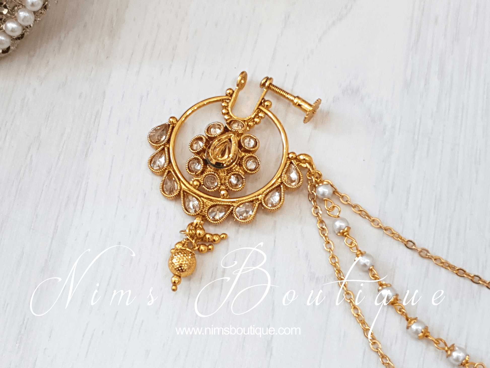 Nims Boutique Statement Gold & 3 row Pearl Chain Nose Ring with screw