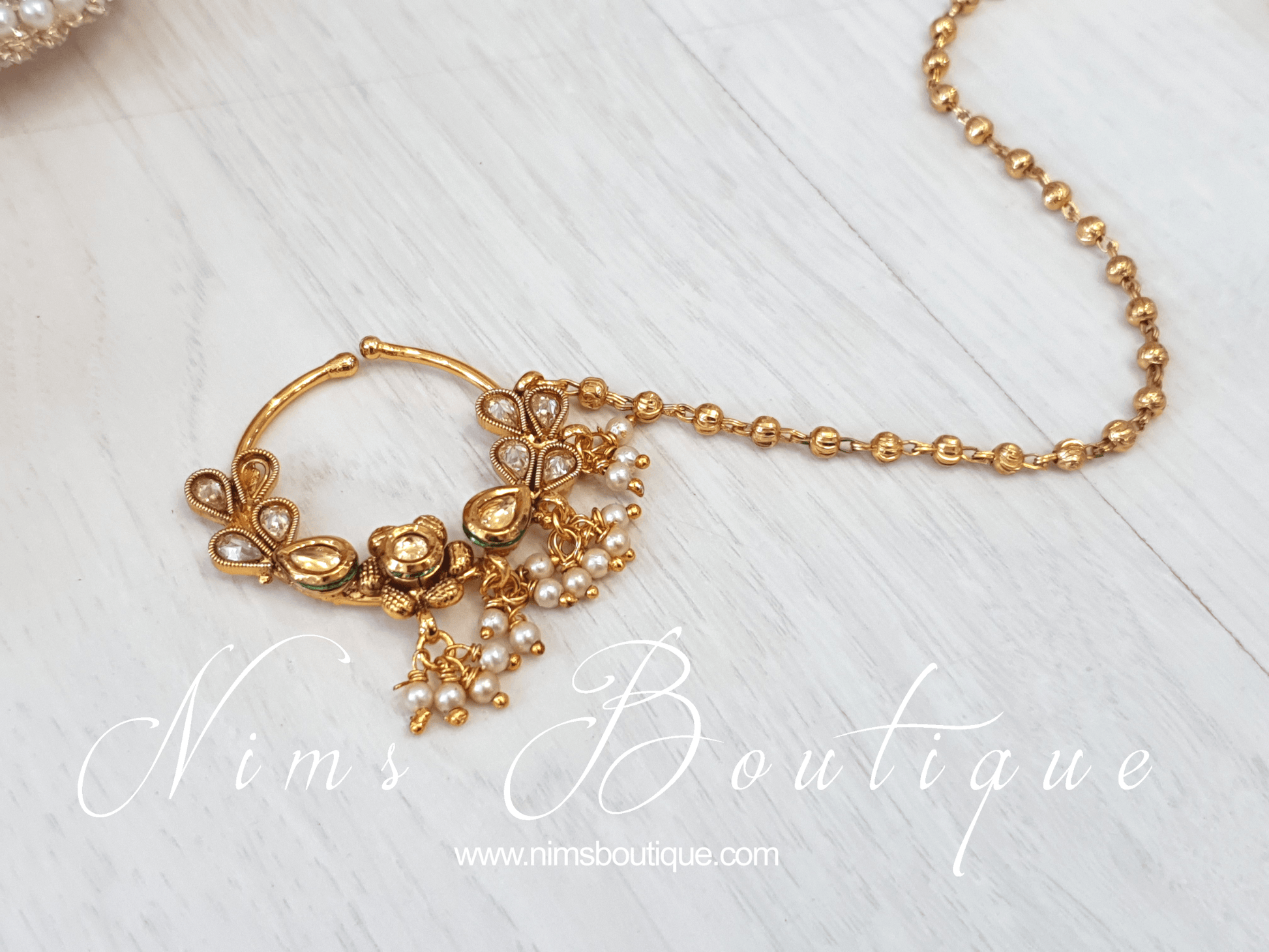 Nims Boutique Gold Stone Nose Ring with chain