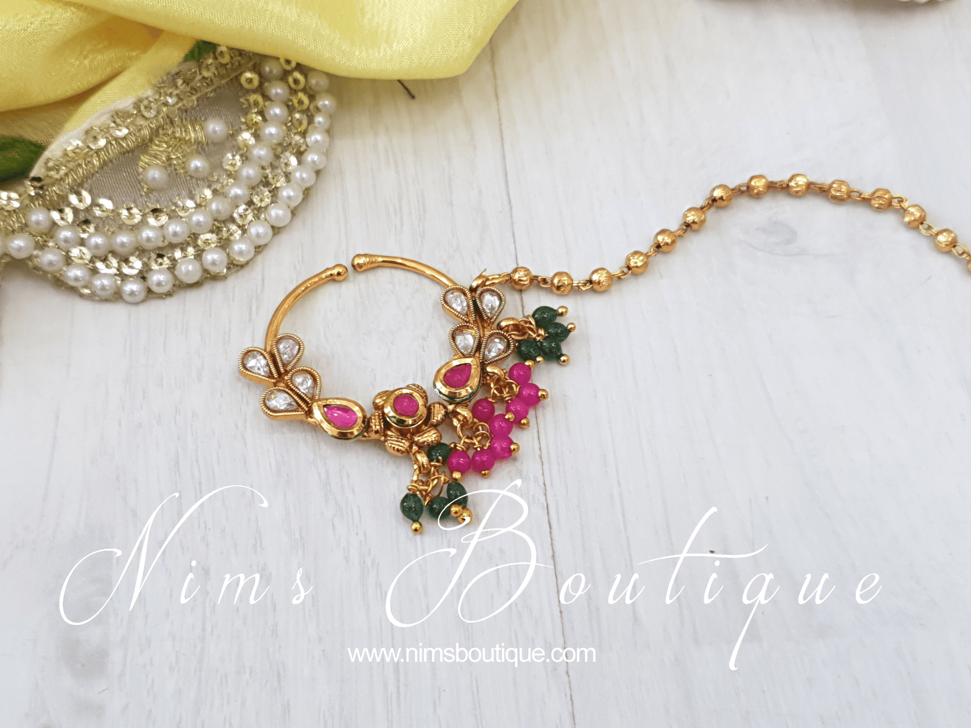Nims Boutique Multicolour & Gold Nose Ring with chain