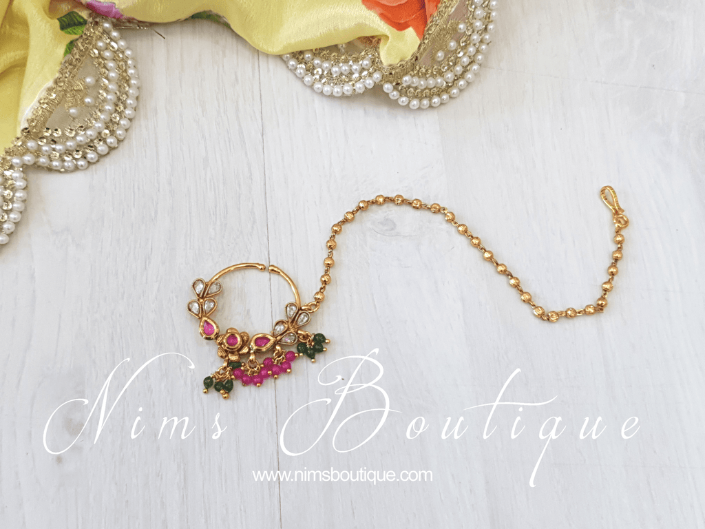 Nims Boutique Multicolour & Gold Nose Ring with chain