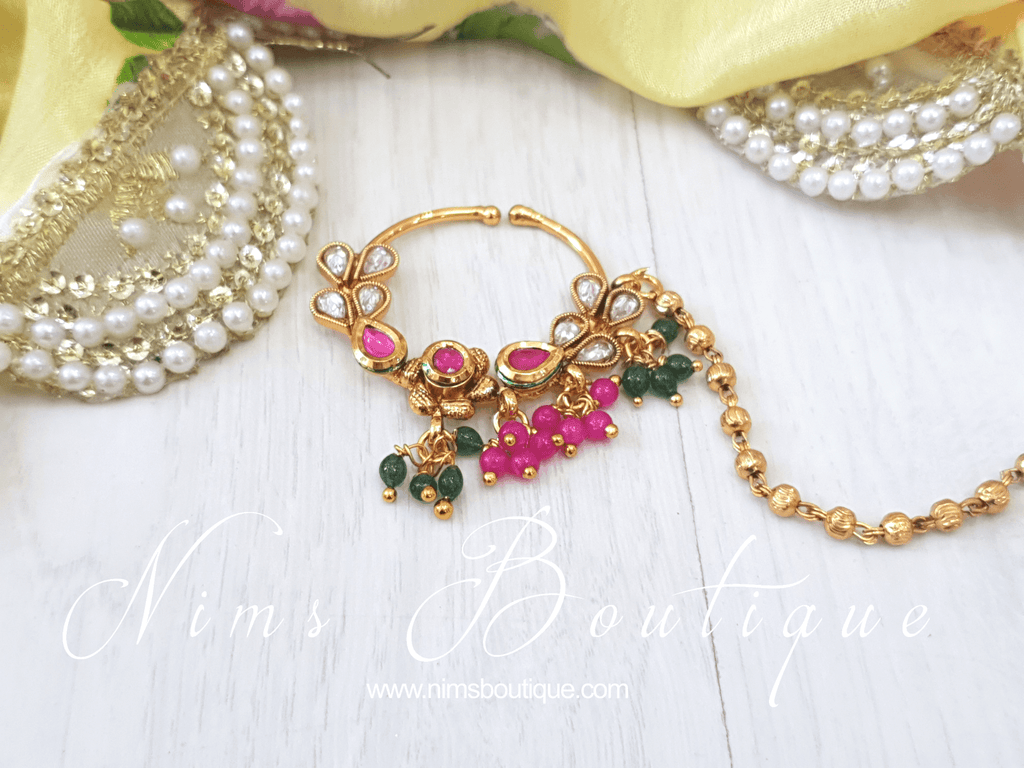 Nims Boutique Multicolour & Gold Nose Ring with chain