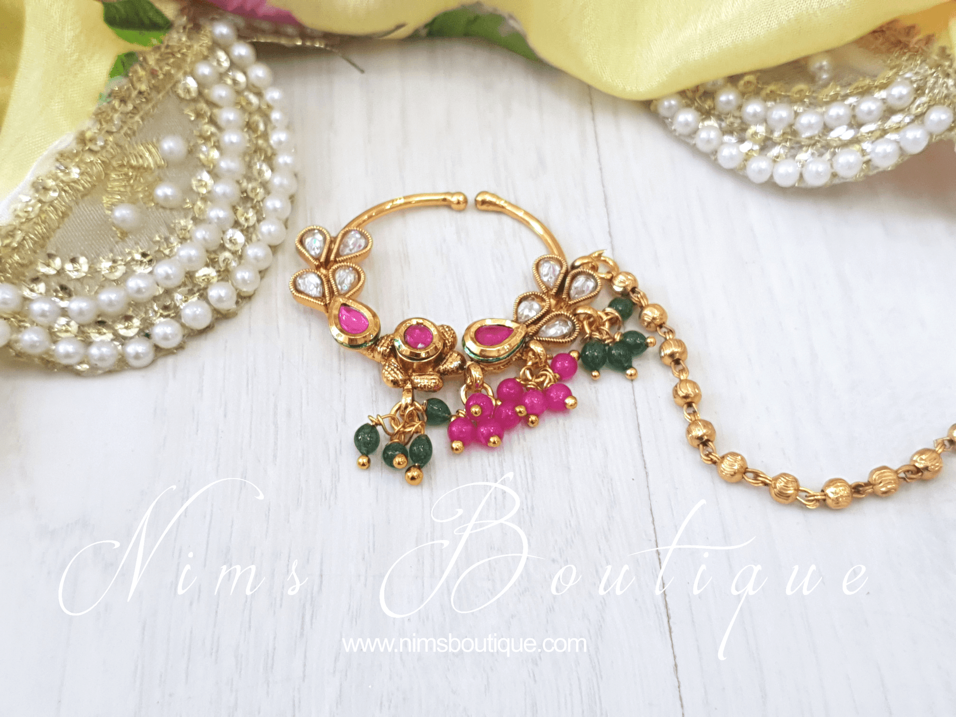 Nims Boutique Multicolour & Gold Nose Ring with chain