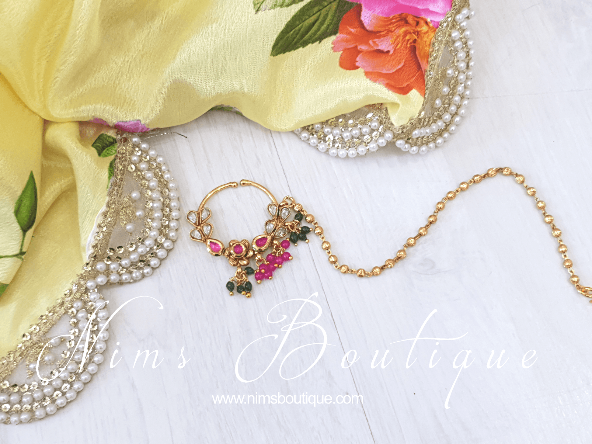 Nims Boutique Multicolour & Gold Nose Ring with chain
