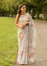 Light Grey Floral Print Sari Pearl Edging