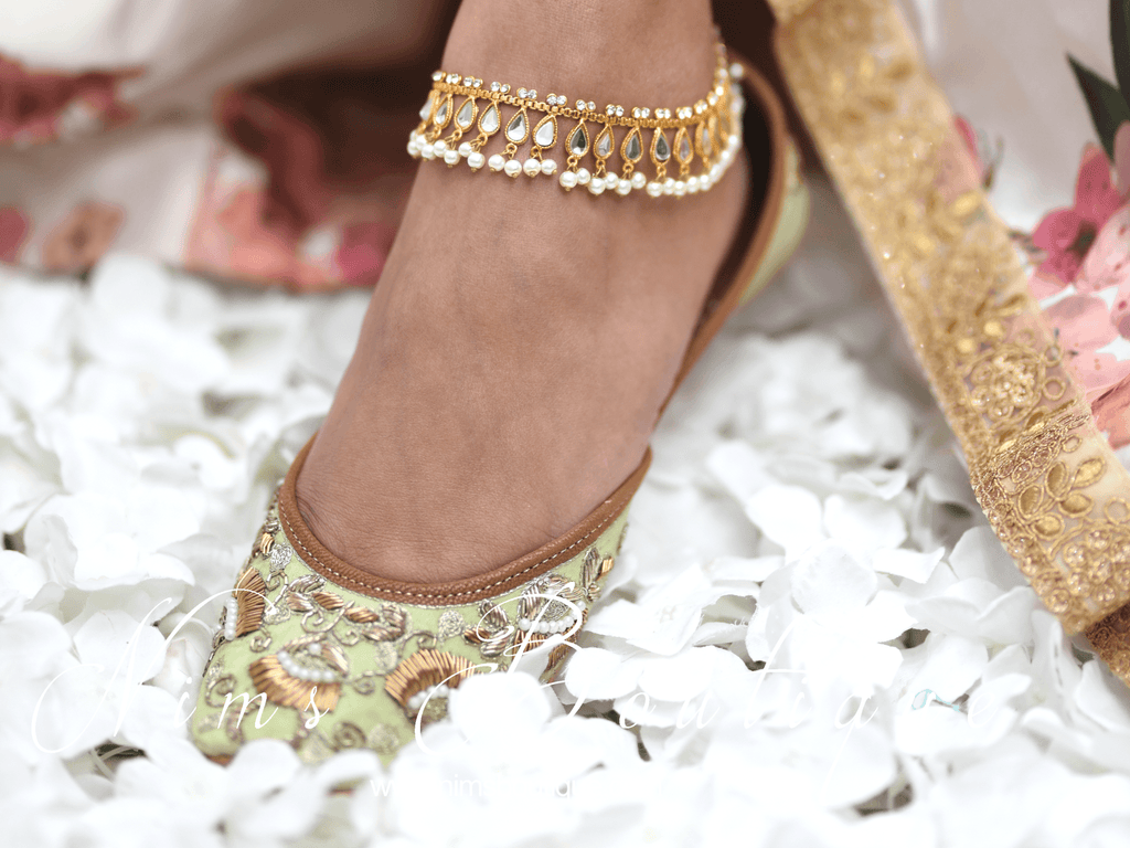 Nims Boutique Luxury Mint Embellished Leather Punjabi Juttis