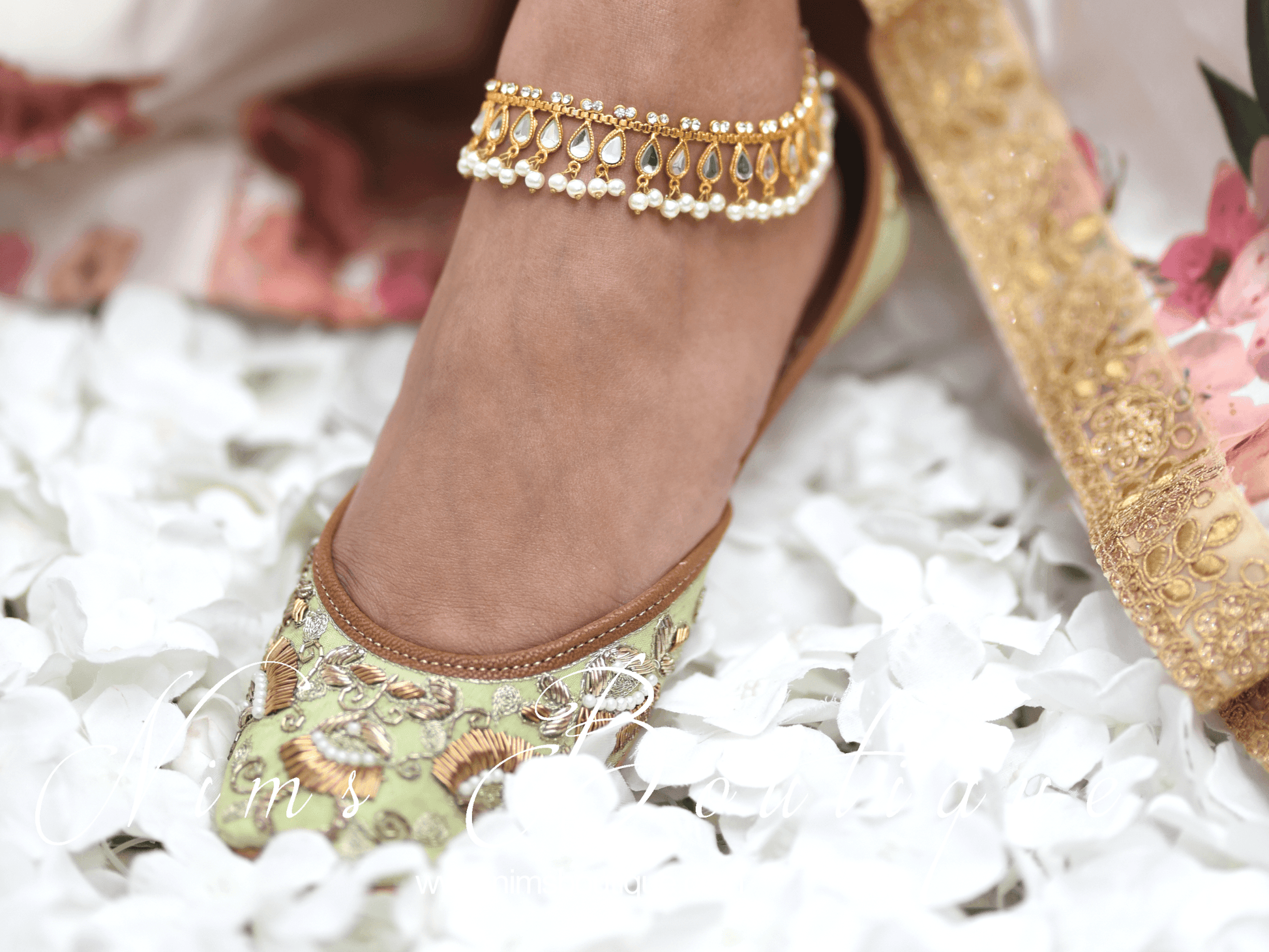 Nims Boutique Luxury Mint Embellished Leather Punjabi Juttis