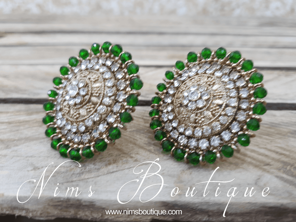 Nims Boutique Large Royal Antique Gold & Green Stud earrings