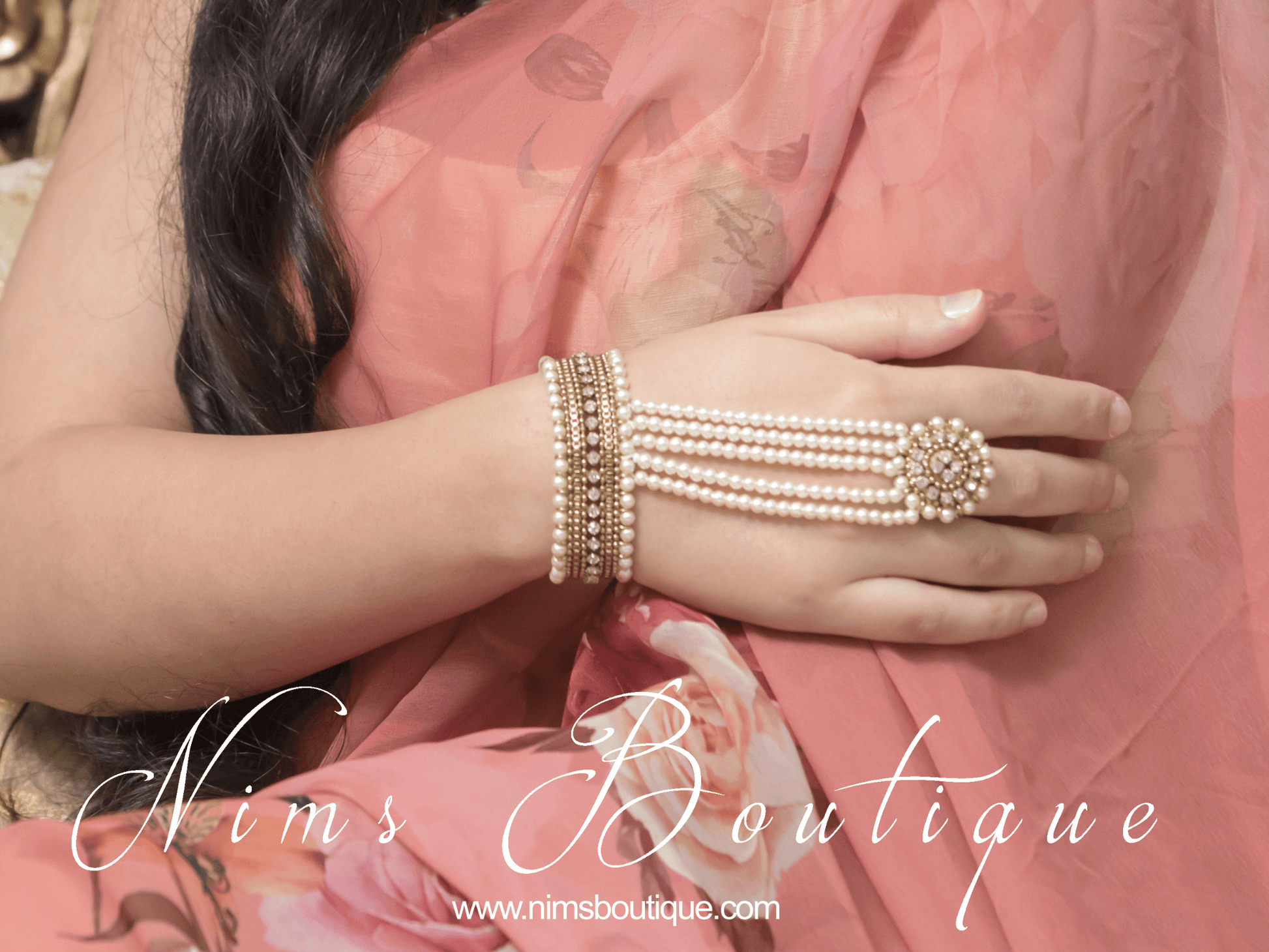 Nims Boutique Royal Antique Gold & Pearl Small Handpiece / Hath Panja