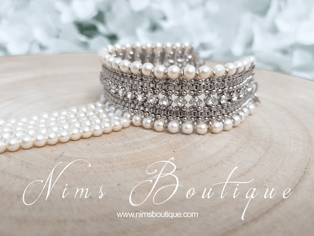 Nims Boutique Royal Silver & Pearl Small Handpiece / Hath Panja