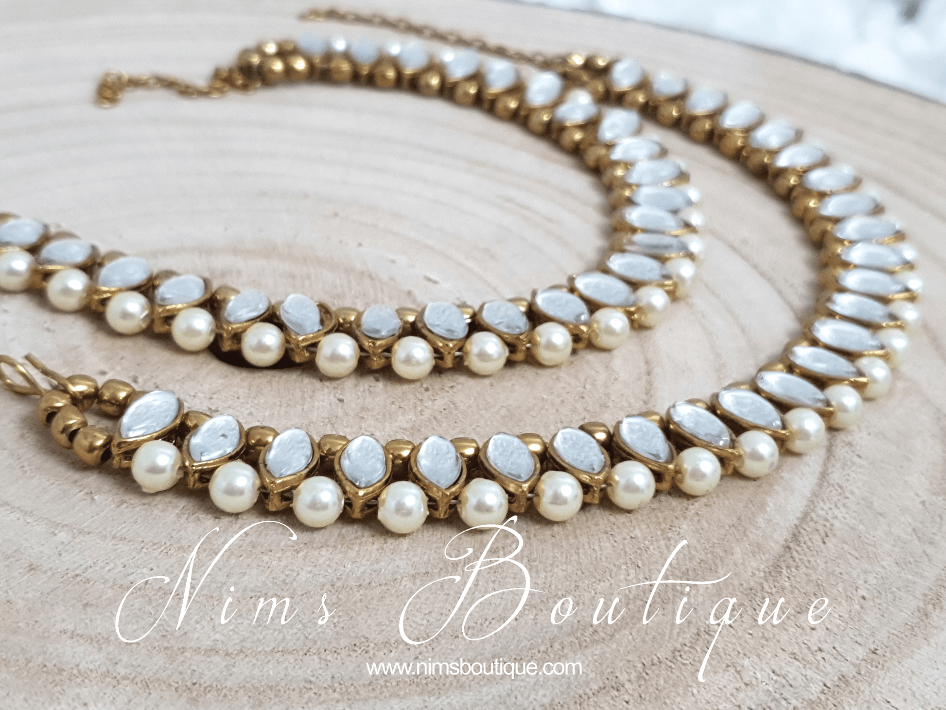 Nims Boutique Royal Pearl & Clear Stone Anklets