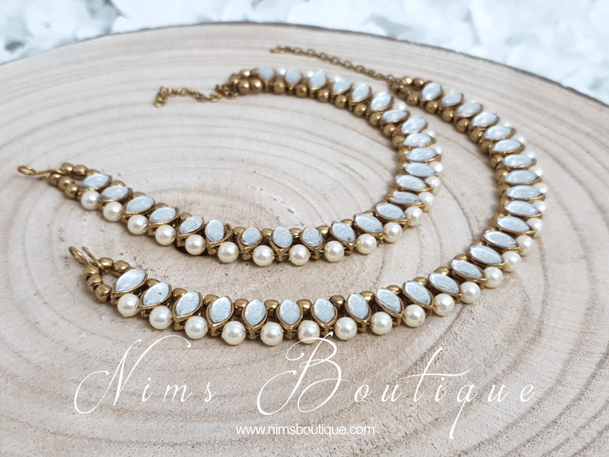 Nims Boutique Royal Pearl & Clear Stone Anklets