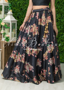 La Floraison Black Satin Floral readymade skirt/lehnga (sizes 4-20)