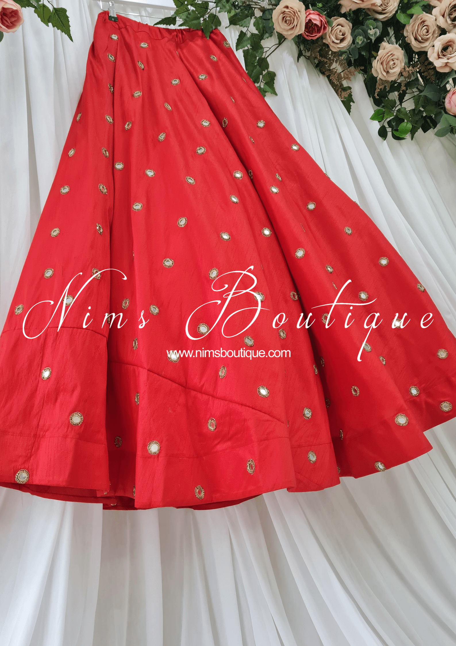 Nims Boutique Rani Luxury Red Silk Mirror readymade skirt/lehnga size 4-20