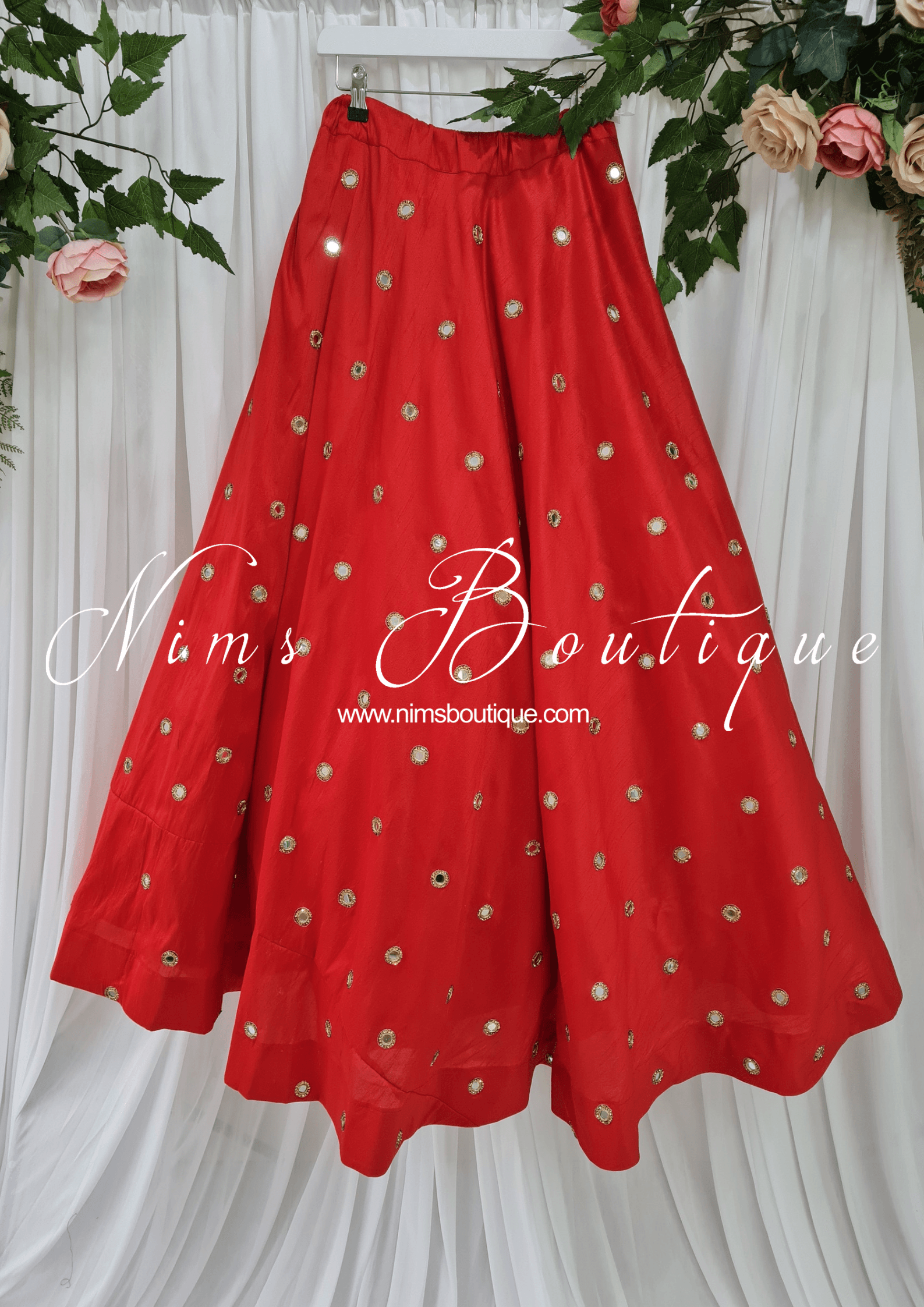 Nims Boutique Rani Luxury Red Silk Mirror readymade skirt/lehnga size 4-20