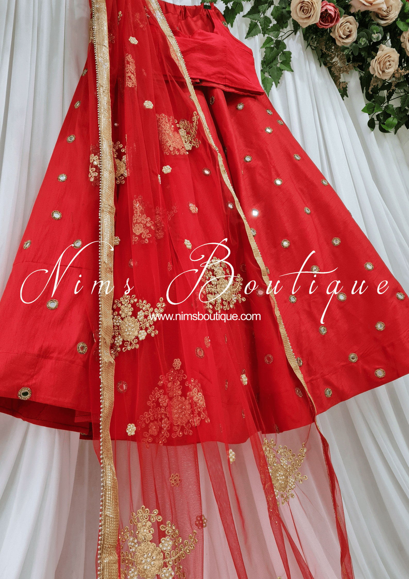 Nims Boutique Rani Luxury Red Silk Mirror readymade skirt/lehnga size 4-20