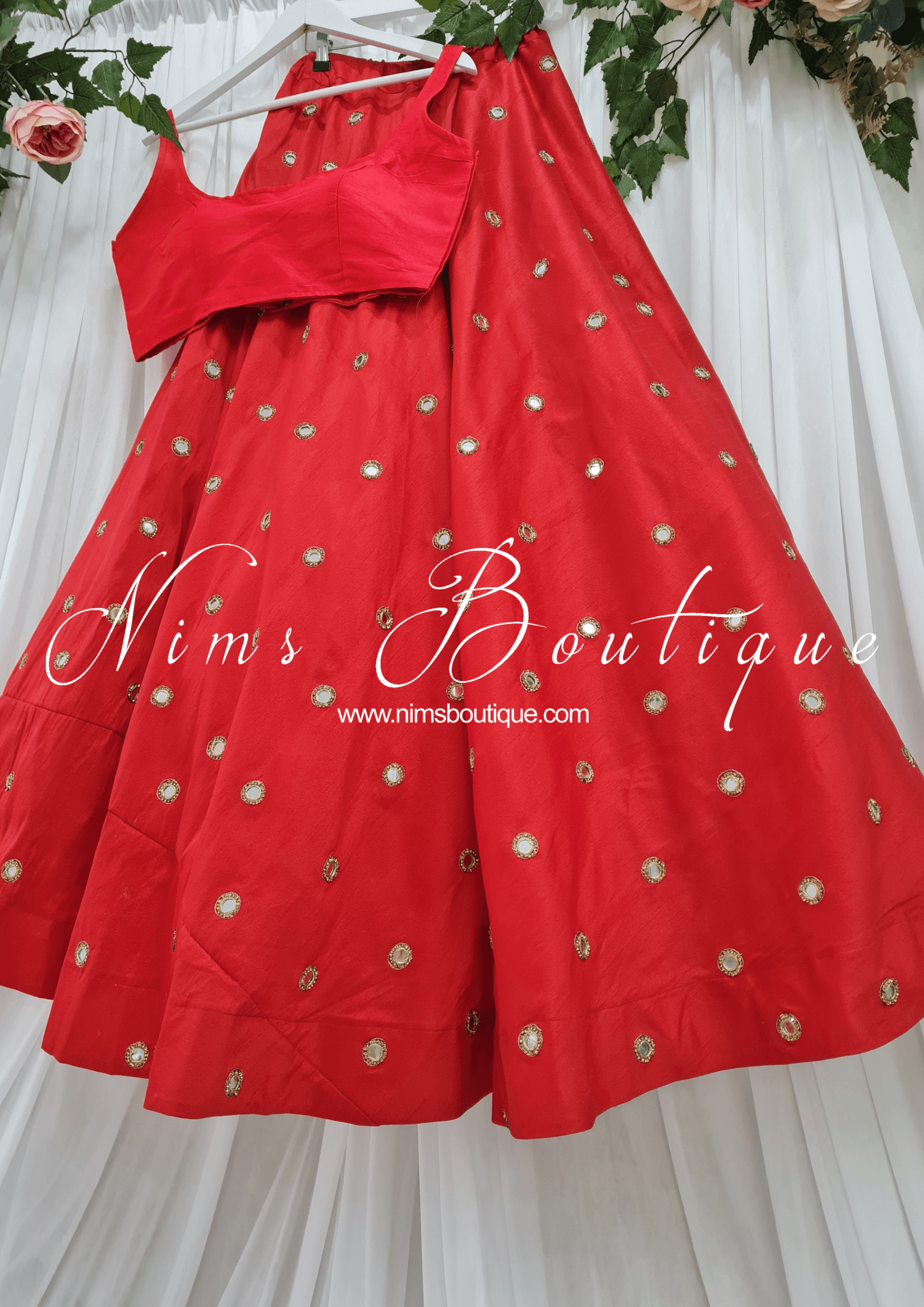 Nims Boutique Rani Luxury Red Silk Mirror readymade skirt/lehnga size 4-20