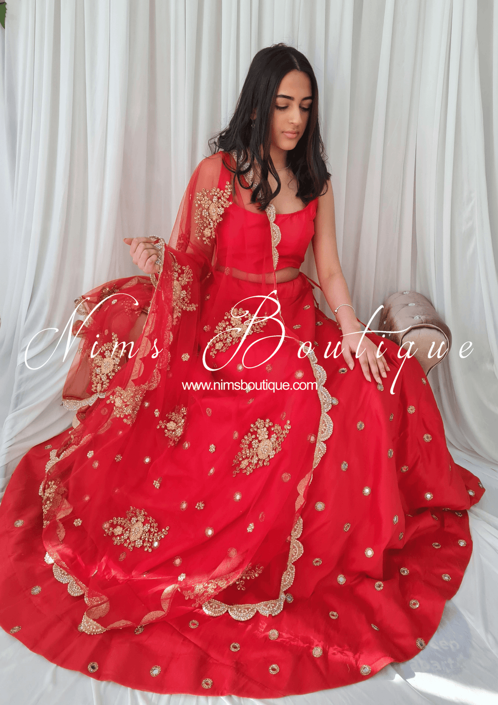 Nims Boutique Rani Luxury Red Silk Mirror readymade skirt/lehnga size 4-20