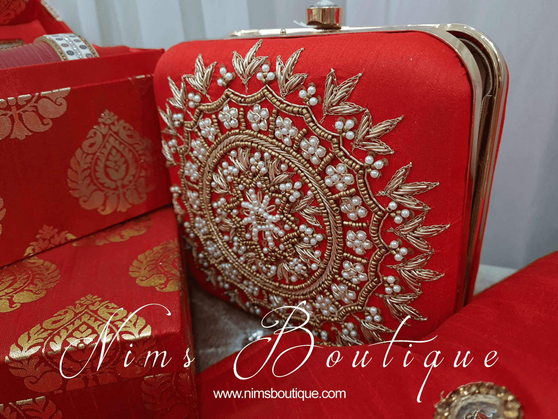 Nims Boutique Large Red Raw Silk Clutch Bag with Pearl & Gold embellishment