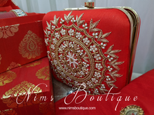 Large Red Raw Silk Clutch Bag with Pearl & Gold embellishment