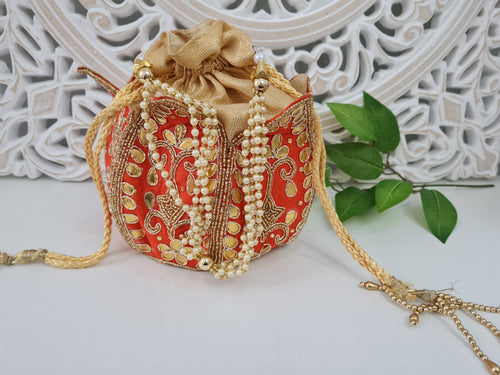 Nims Boutique Red Potli Raw Silk Embellished Bag