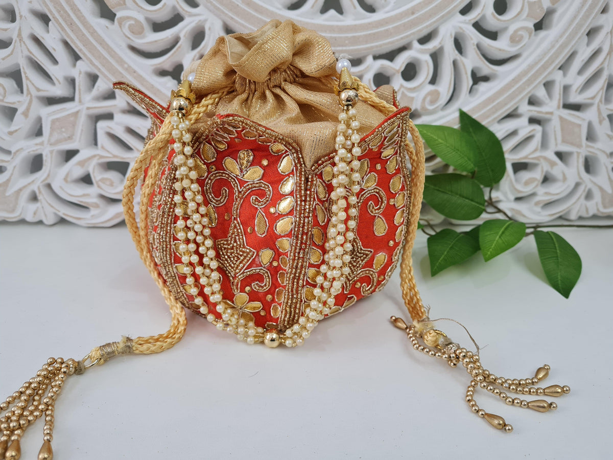 Nims Boutique Red Potli Raw Silk Embellished Bag