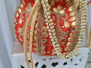 Red Potli Raw Silk Embellished Bag