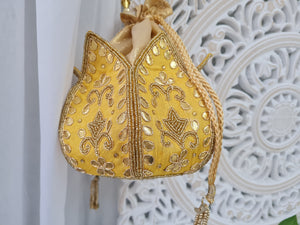 Yellow Potli Raw Silk Embellished Bag