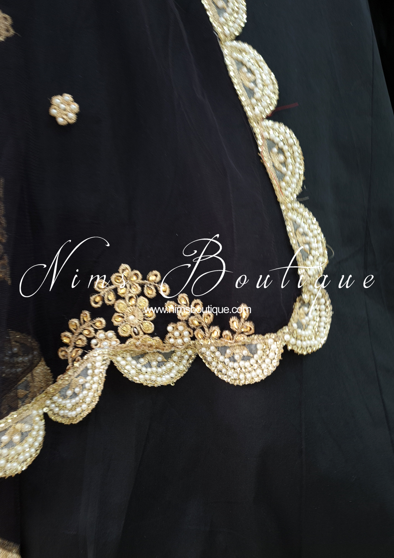 Nims Boutique Black Net Pearl Embellished Dupatta/Chunni with Luxury Pearl Edging NPE5