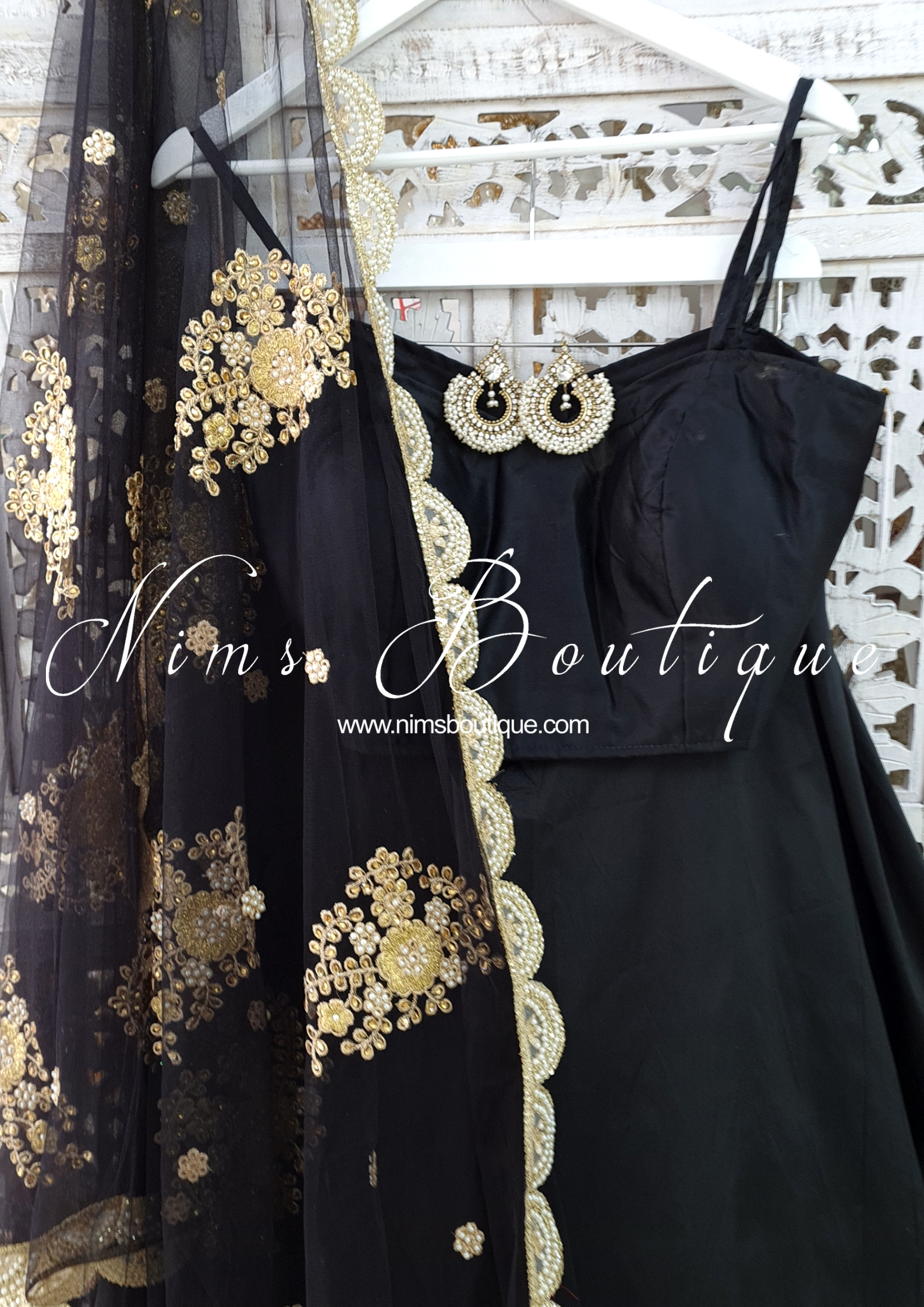 Nims Boutique Black Net Pearl Embellished Dupatta/Chunni with Luxury Pearl Edging NPE5