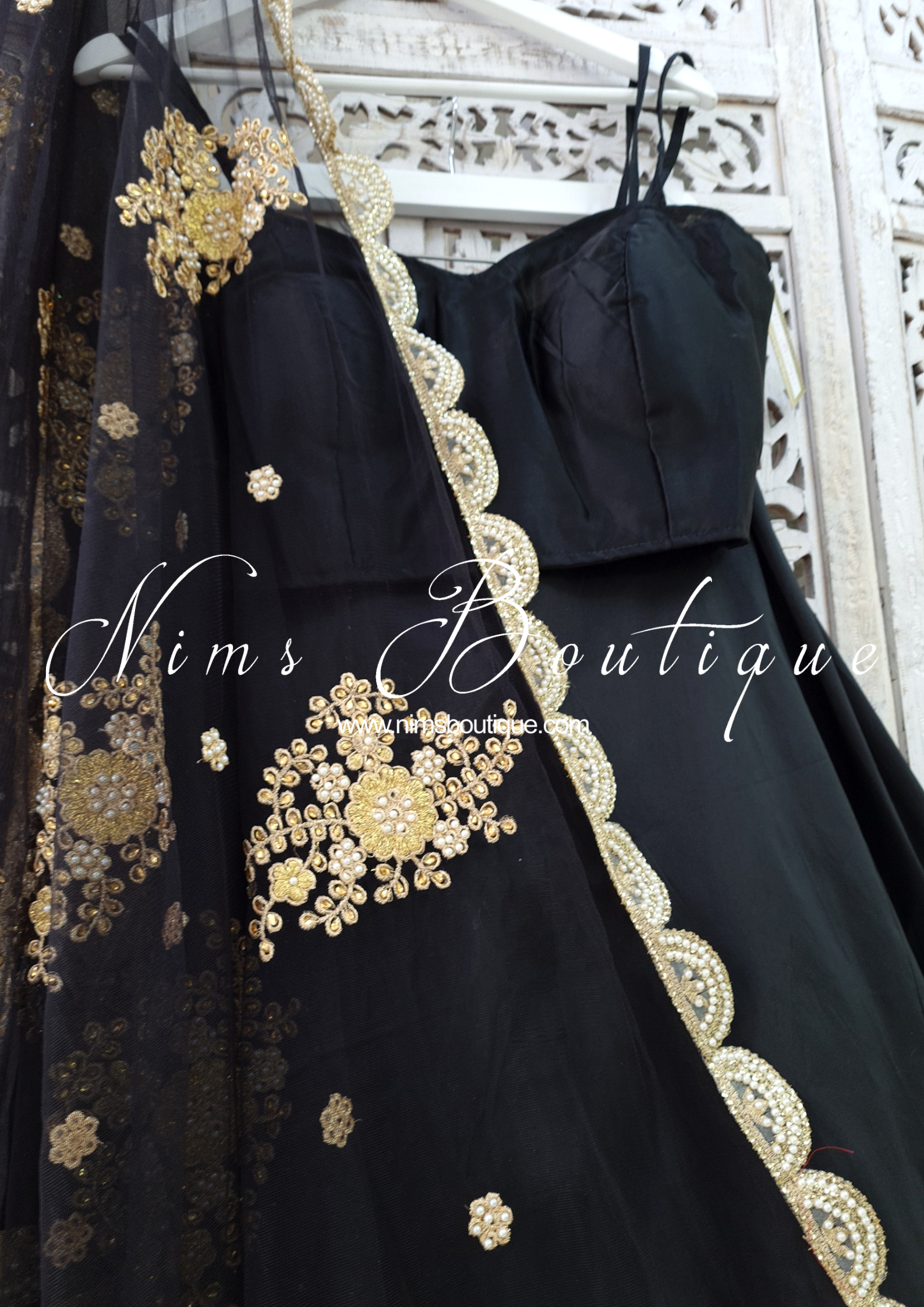 Nims Boutique Black Net Pearl Embellished Dupatta/Chunni with Luxury Pearl Edging NPE5