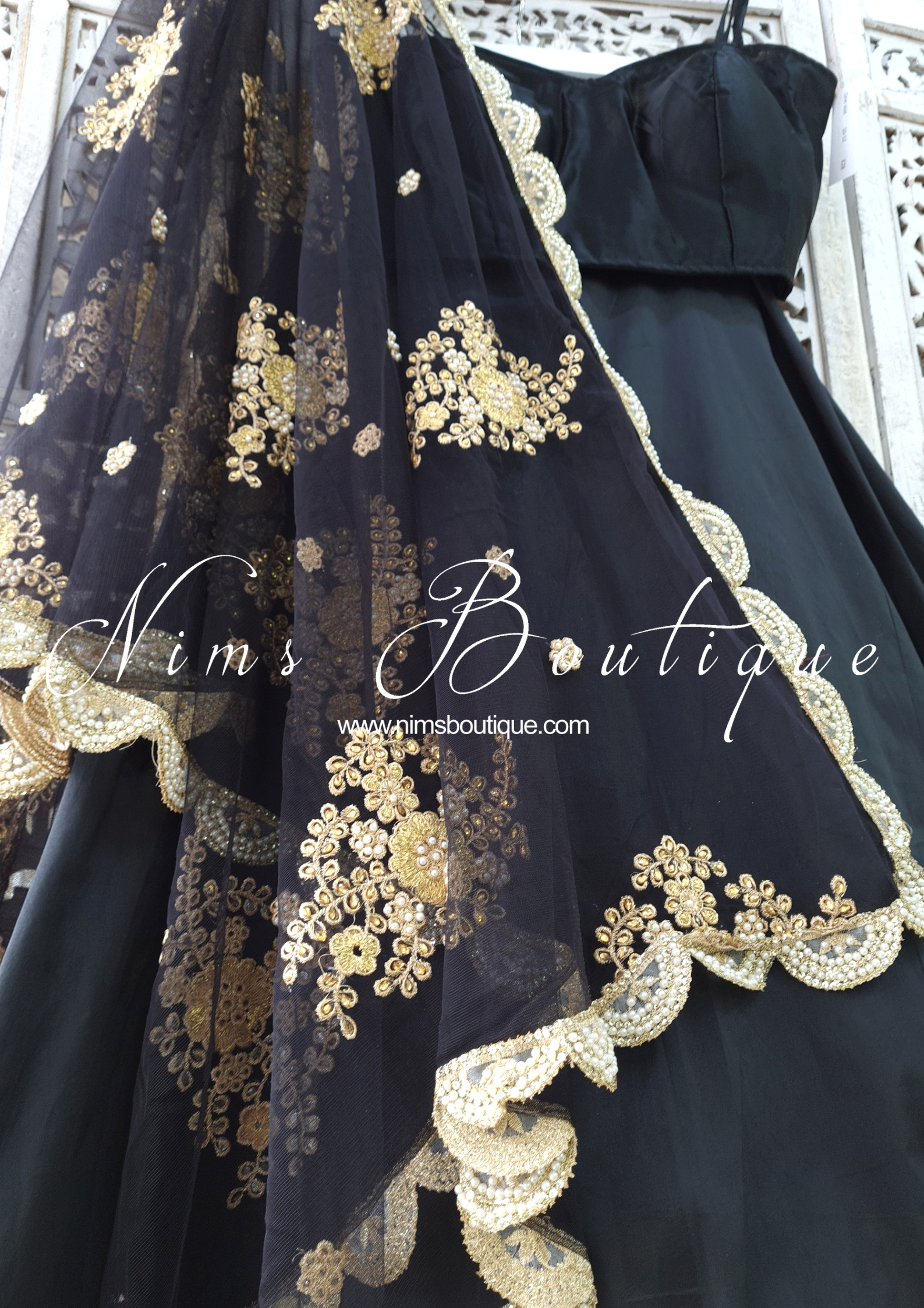 Nims Boutique Black Net Pearl Embellished Dupatta/Chunni with Luxury Pearl Edging NPE5