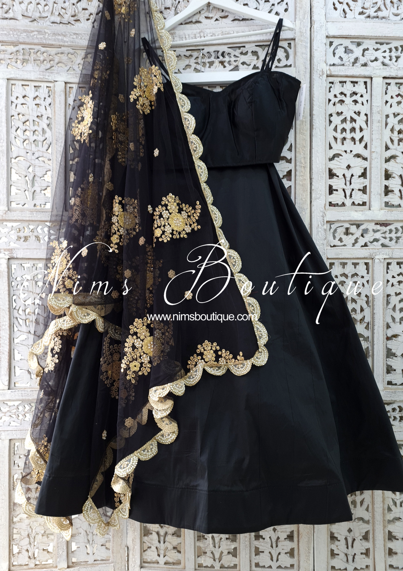 Nims Boutique Black Net Pearl Embellished Dupatta/Chunni with Luxury Pearl Edging NPE5