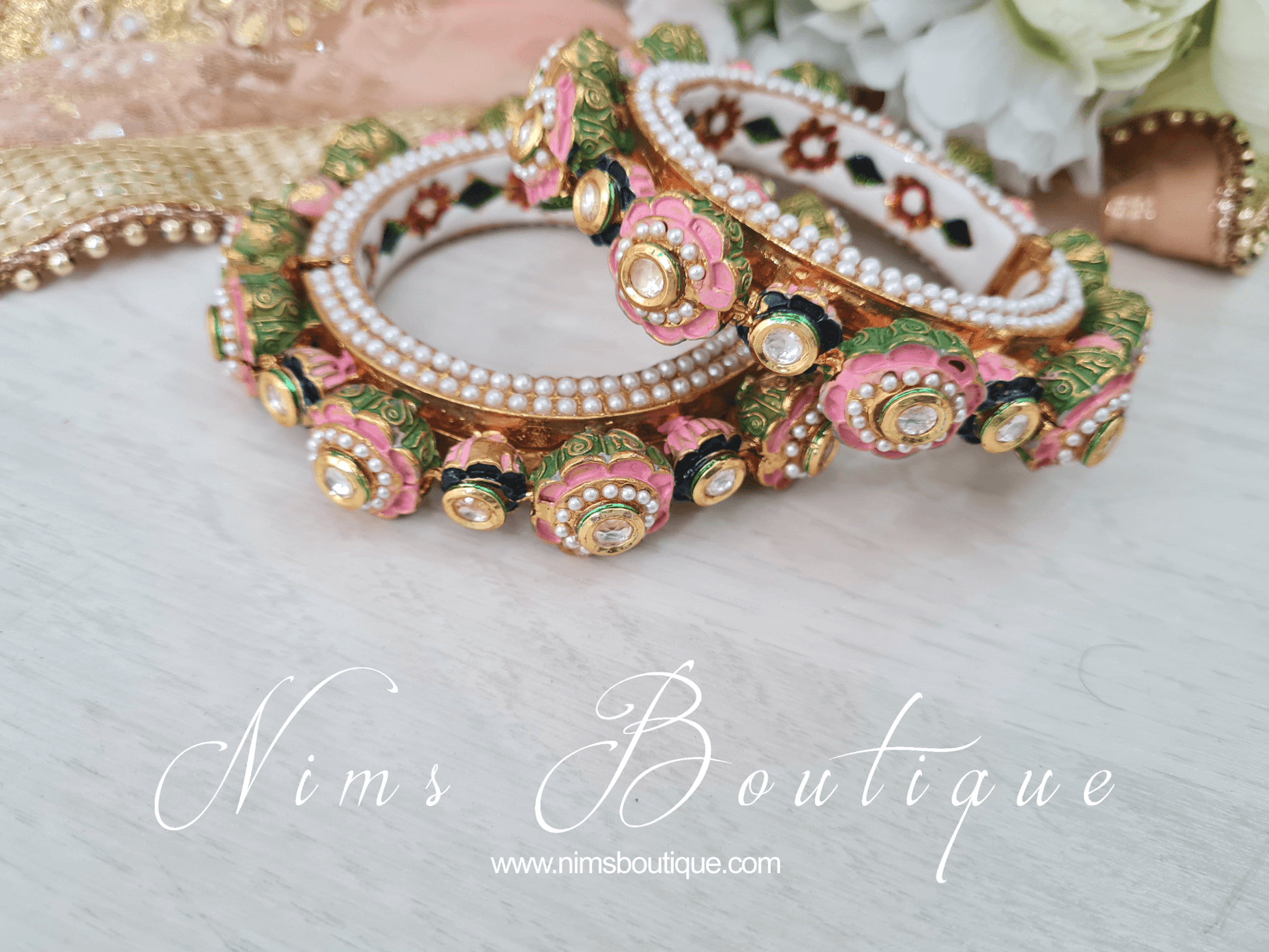 Nims Boutique Luxury Pink & Green Meenakari Kara various sizes