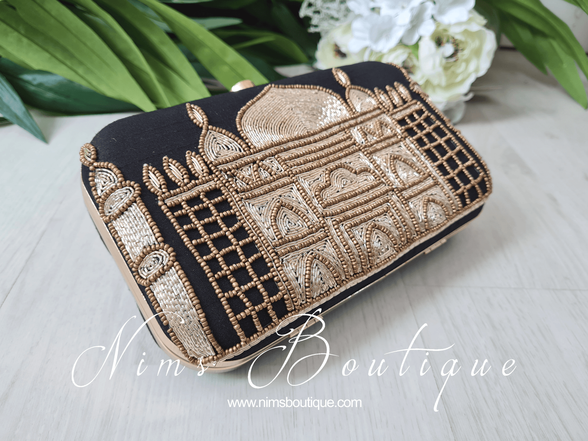 Nims Boutique Taj Black Raw Silk Clutch Bag