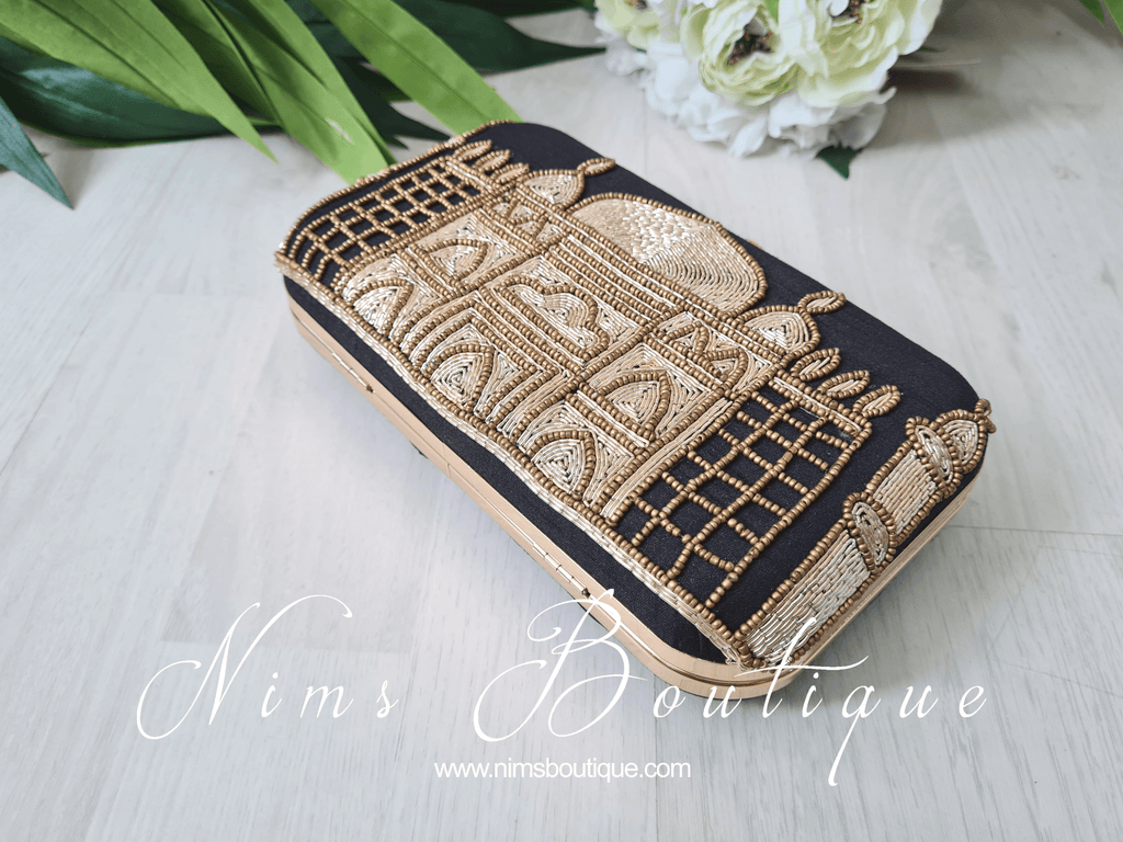 Nims Boutique Taj Black Raw Silk Clutch Bag