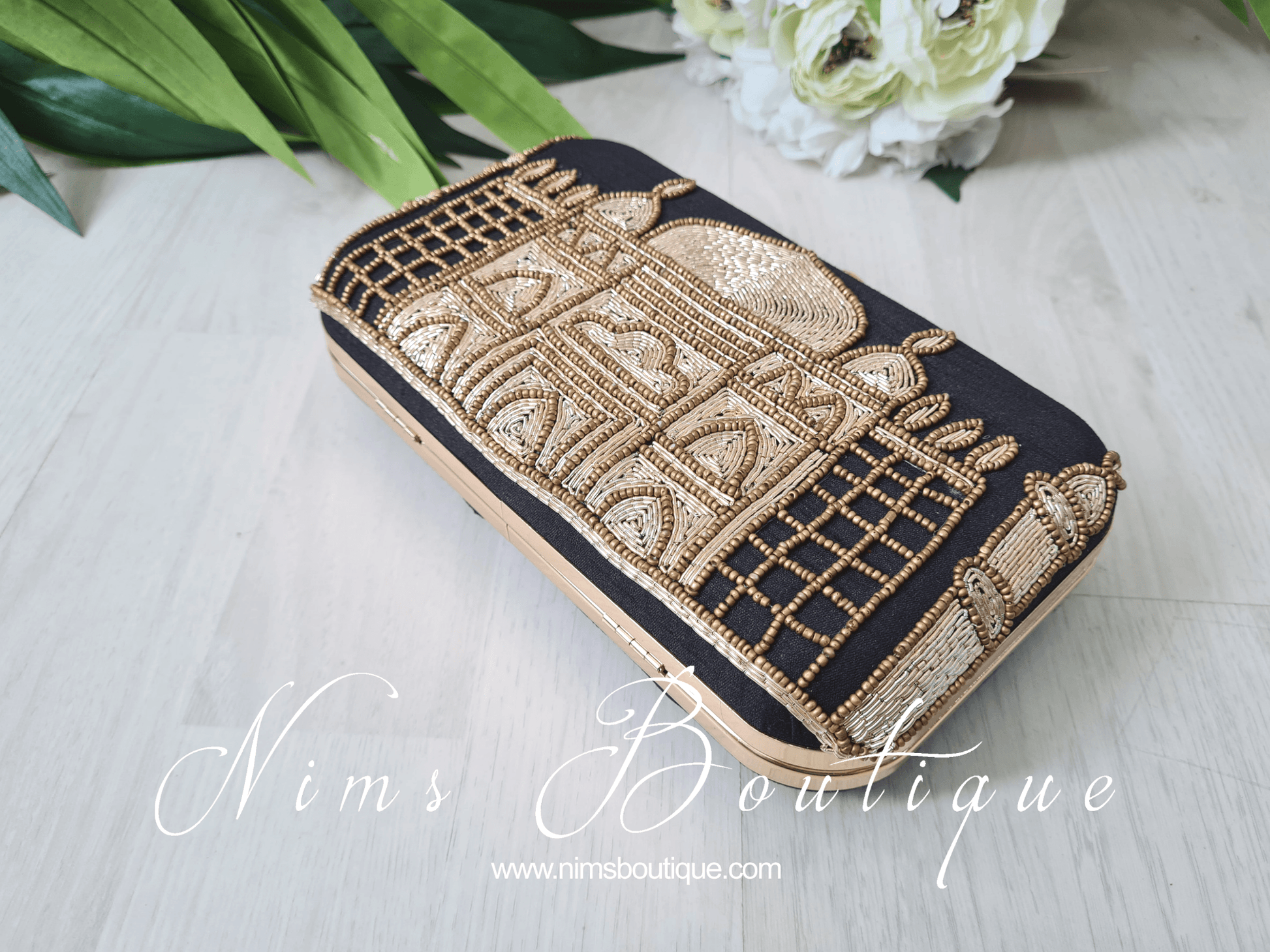 Nims Boutique Taj Black Raw Silk Clutch Bag