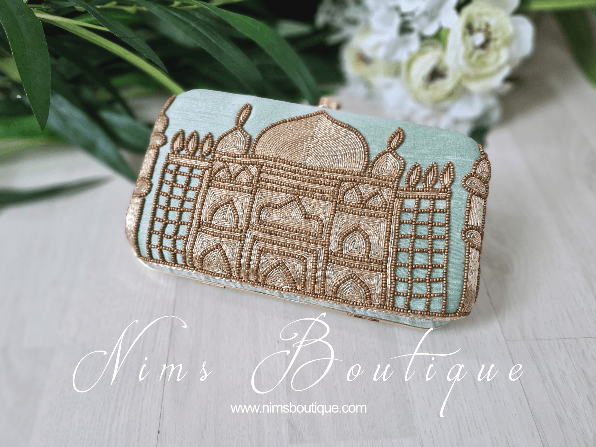 Nims Boutique Taj Mint Raw Silk Clutch Bag