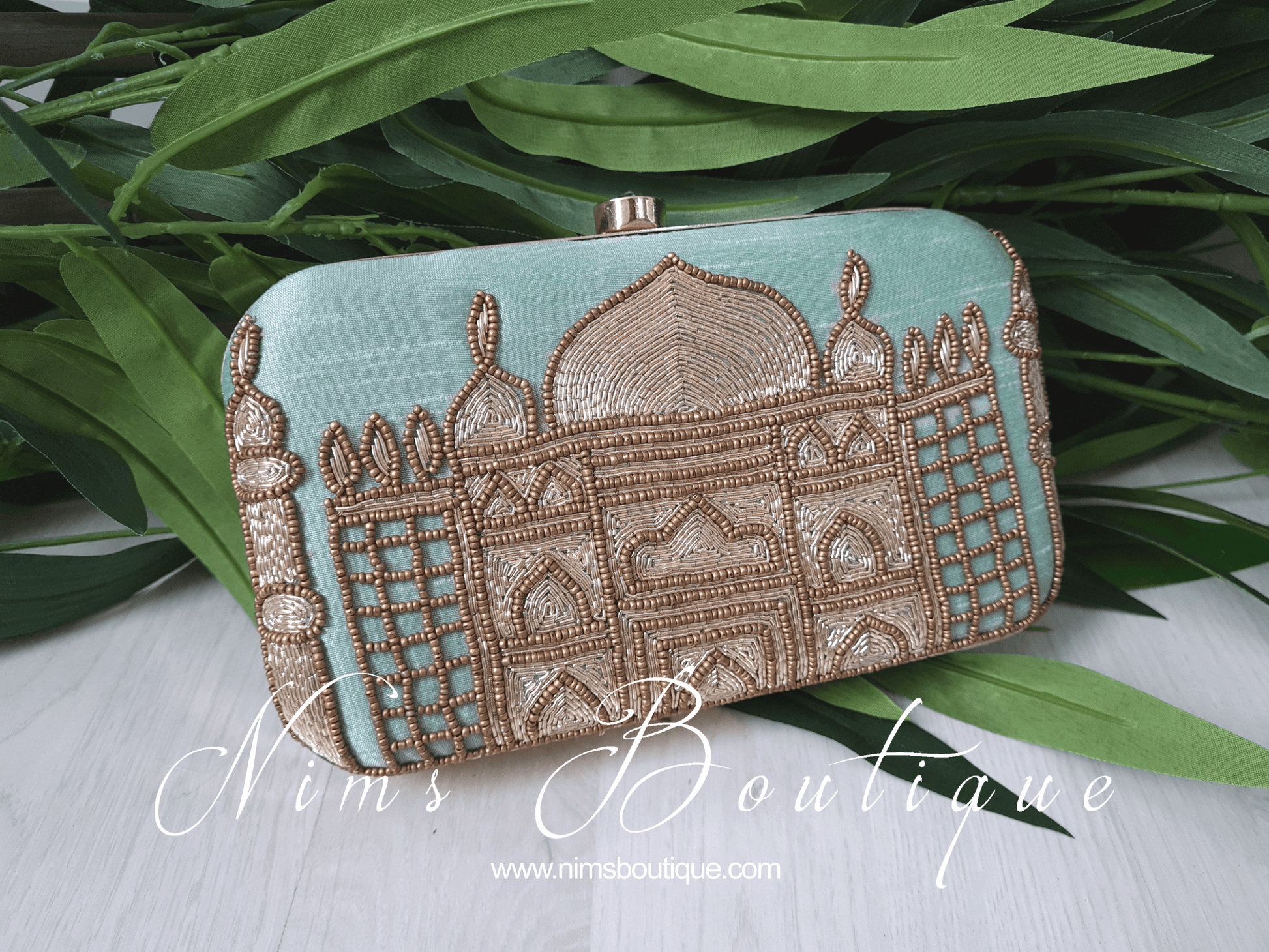 Nims Boutique Taj Mint Raw Silk Clutch Bag