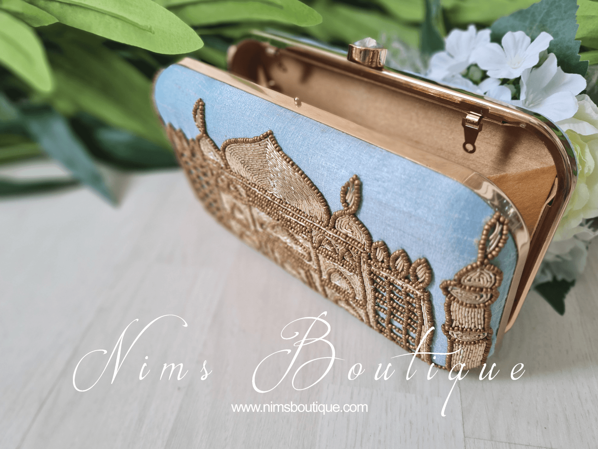 Nims Boutique Taj Pastel Blue Raw Silk Clutch Bag