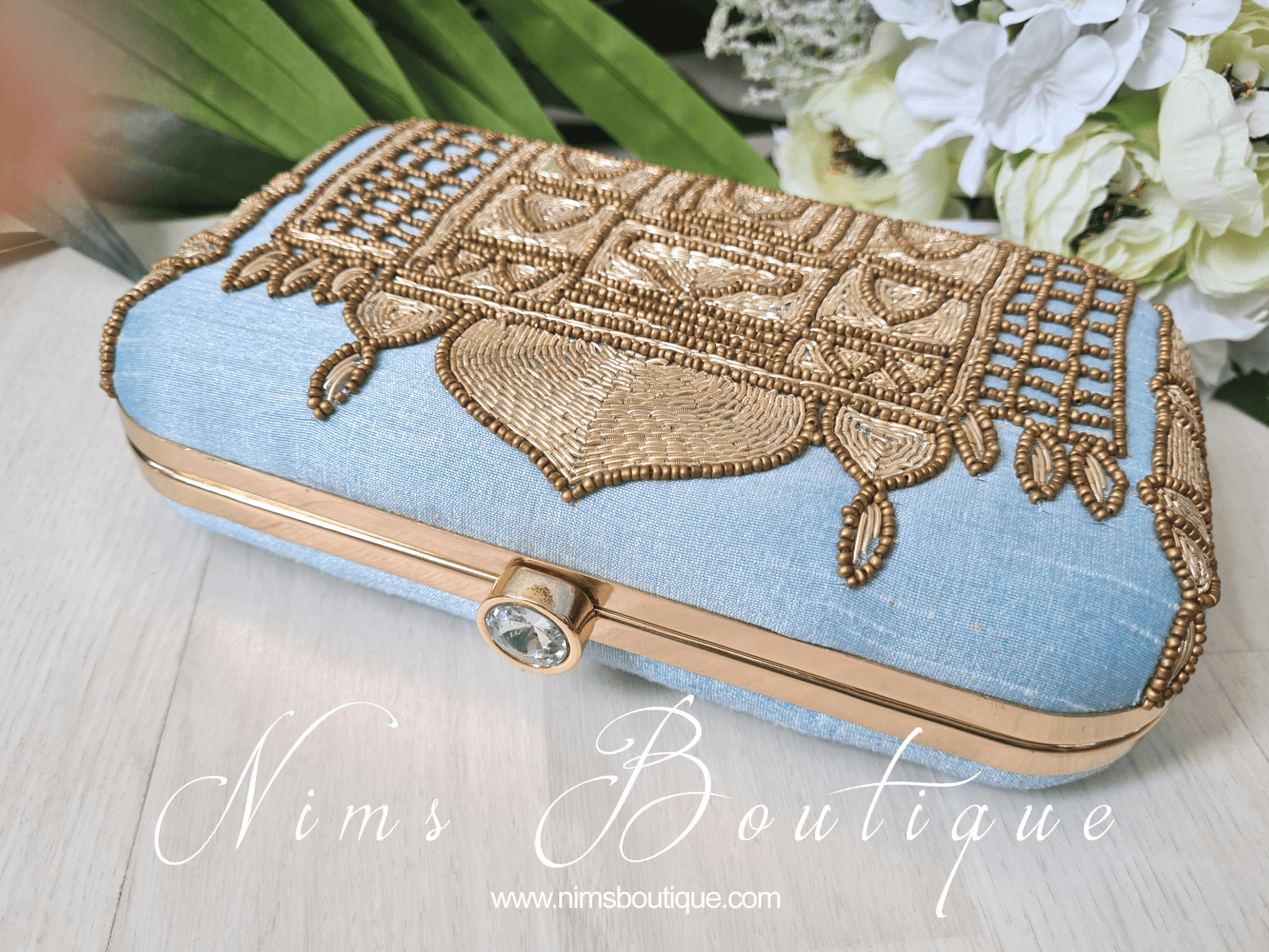 Nims Boutique Taj Pastel Blue Raw Silk Clutch Bag