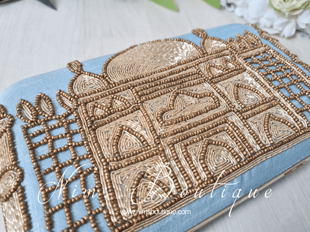 Nims Boutique Taj Pastel Blue Raw Silk Clutch Bag