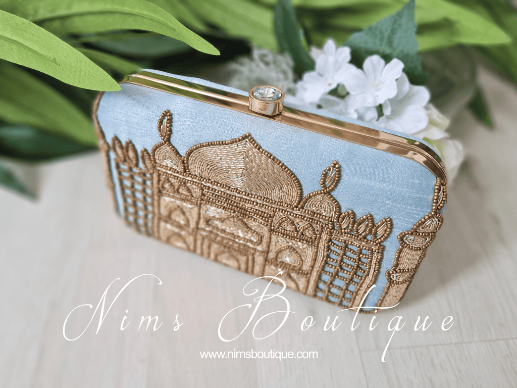 Nims Boutique Taj Pastel Blue Raw Silk Clutch Bag