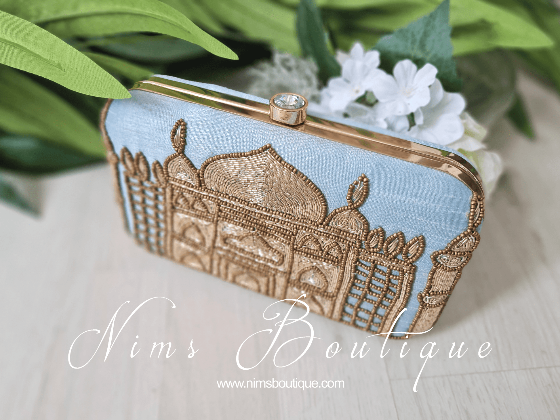 Nims Boutique Taj Pastel Blue Raw Silk Clutch Bag