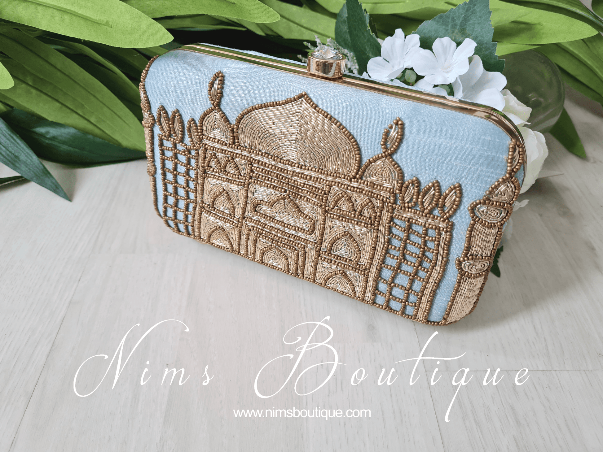 Nims Boutique Taj Pastel Blue Raw Silk Clutch Bag
