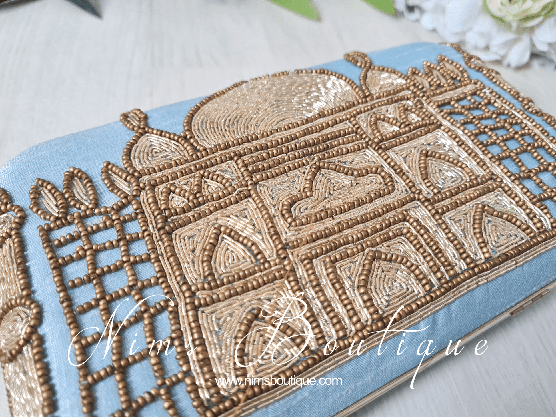 Nims Boutique Taj Pastel Blue Raw Silk Clutch Bag