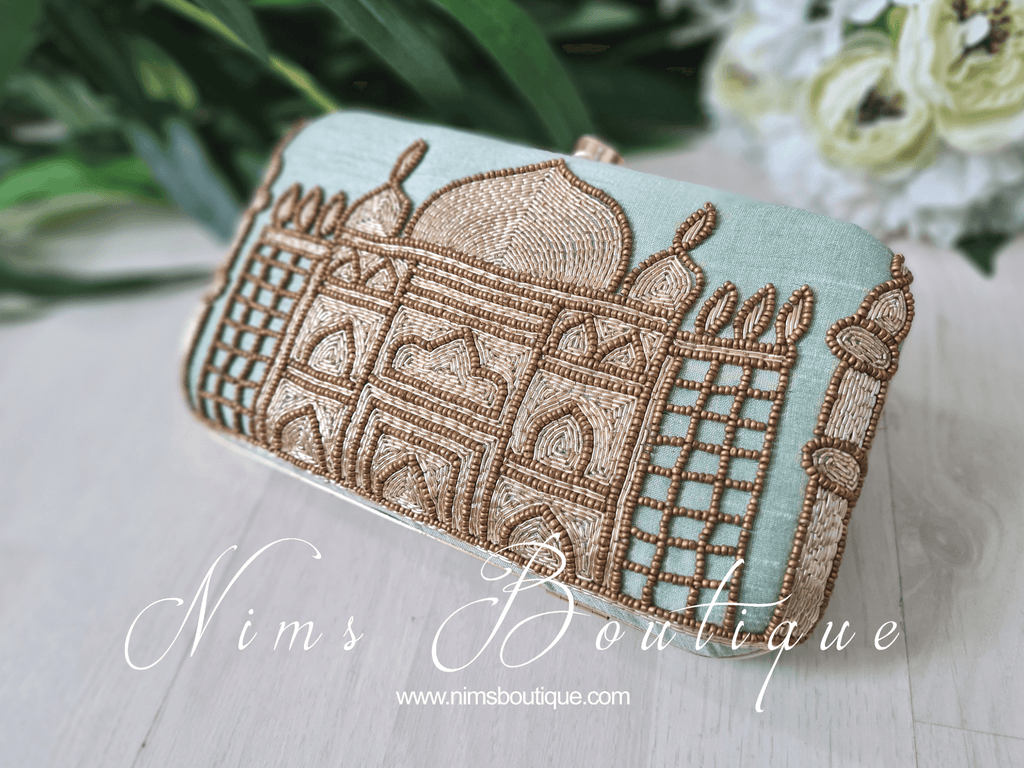 Nims Boutique Taj Mint Raw Silk Clutch Bag