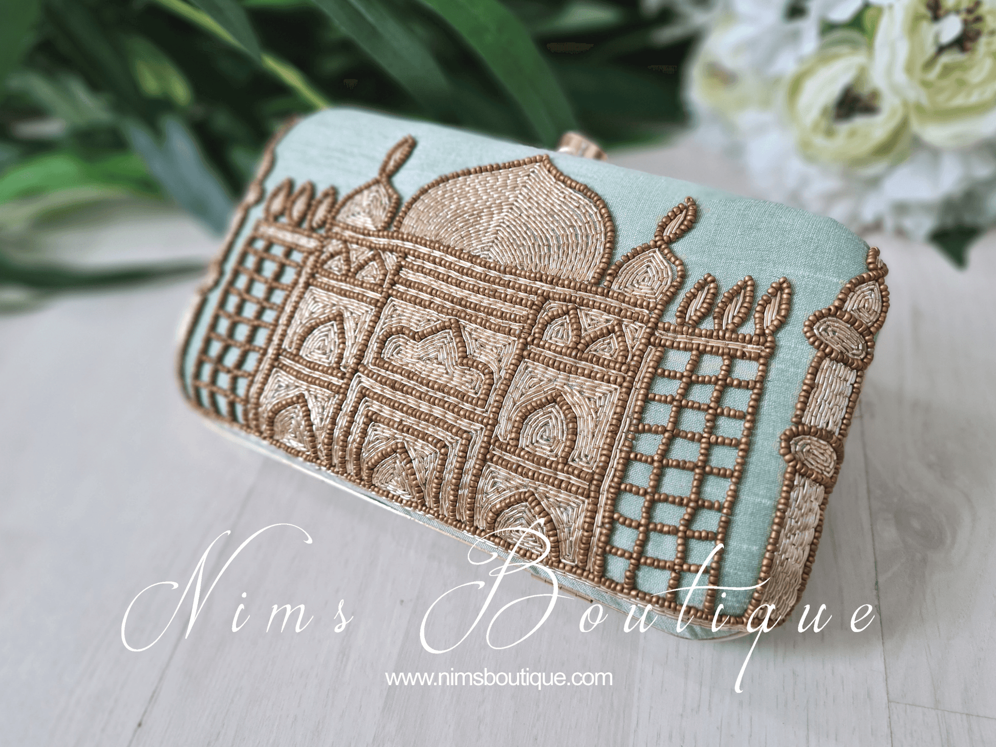 Nims Boutique Taj Mint Raw Silk Clutch Bag