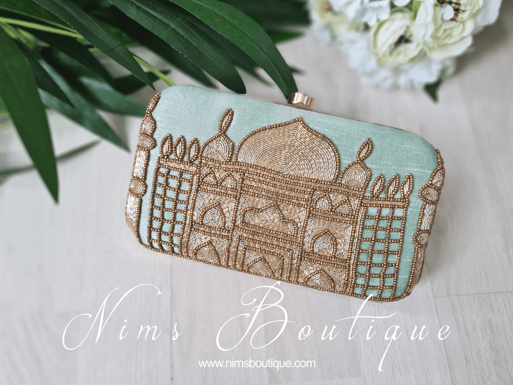 Nims Boutique Taj Mint Raw Silk Clutch Bag