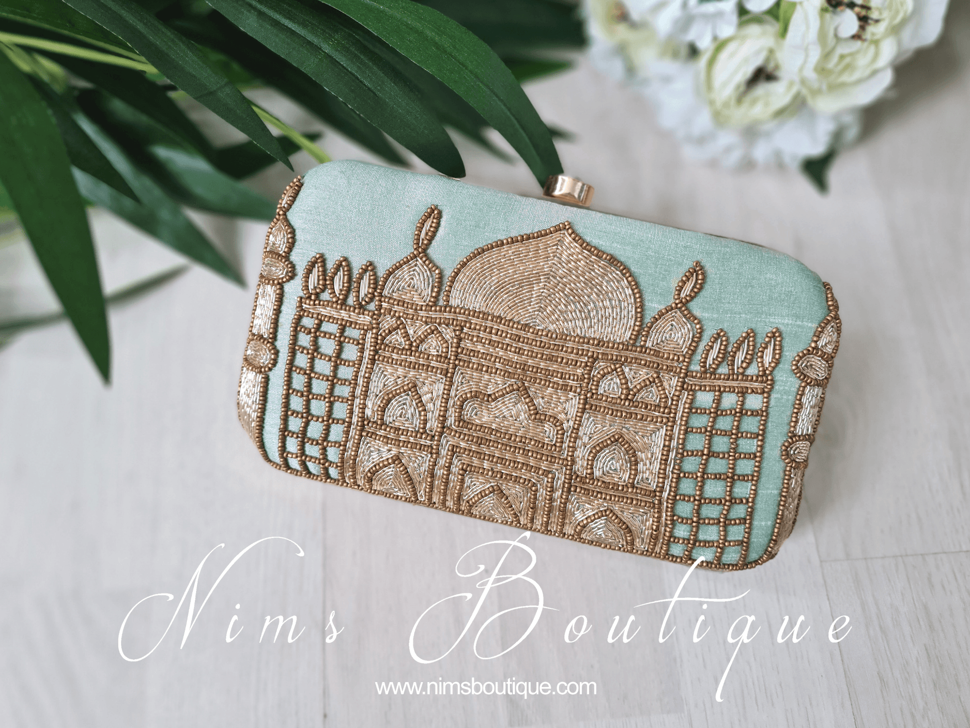 Nims Boutique Taj Mint Raw Silk Clutch Bag