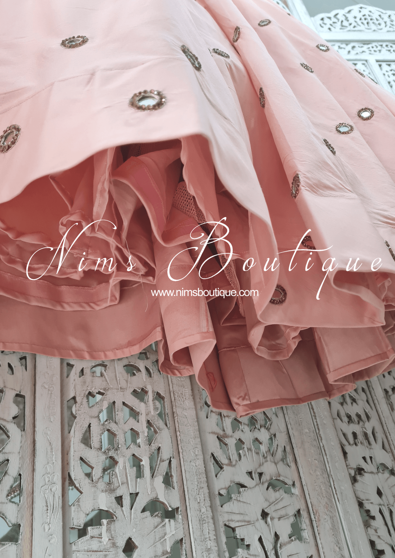 Nims Boutique Rani Luxury Peach Mirror readymade skirt/lehnga sizes 4-22